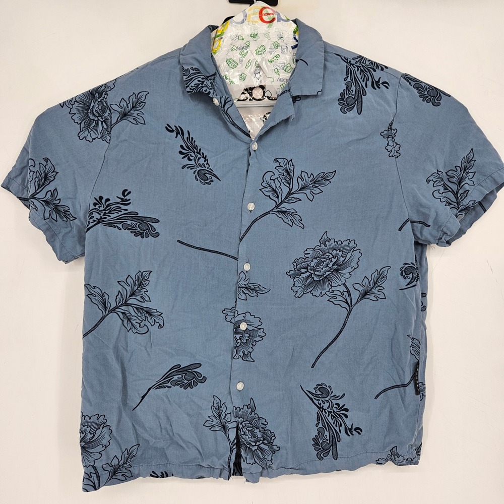 Youngla Shirt Mens Large‎ Button Up Hawaiian Floral Short Sleeve Blue Viscose